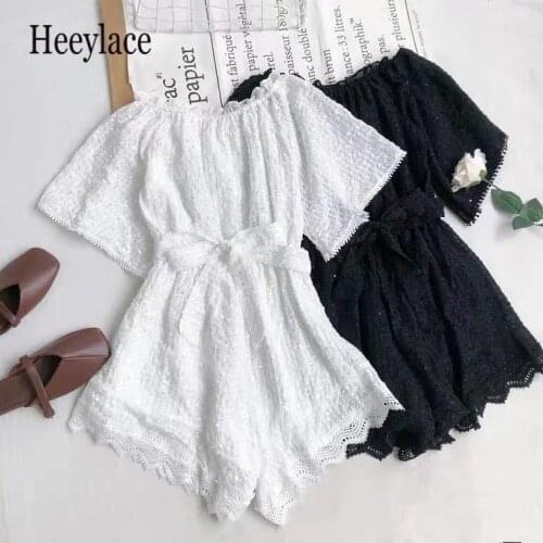 Boho beach playsuit sexy off shoulder Short bandage Jumpsuit Women Summer overalls lace patchwork Playsuit Holiday Romper