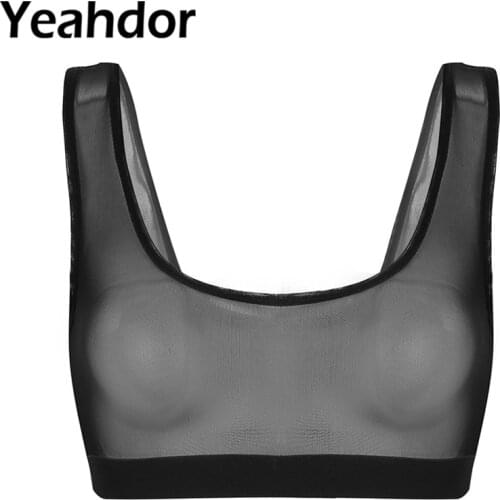 Womens Lingerie Sleeveless See Through Mesh Bra Deep U Neck Vest Tank Crop Tops Transparent Sexy Women Club Crop Top Bralette
