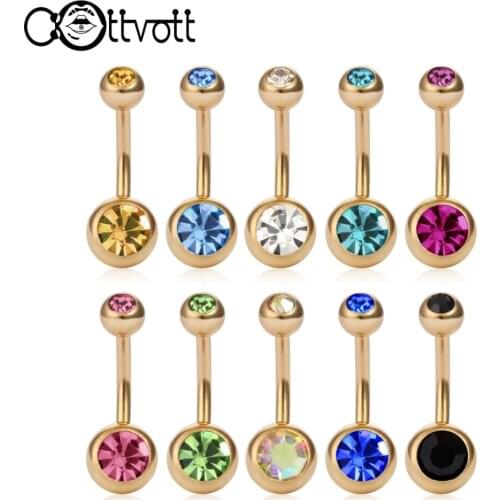 10pcs/set Mix Color Gold Color Belly Button Rings Navel Piercing Bar Double Crystal Head Stainless Steel Body Jewelry DQ57
