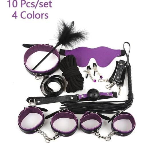 10pcs/set Adults Games BDSM Kits Leather Restraints Bed Bondage Handcuffs Whip Gag Collar Rope Exotic Sex Toys For Couples