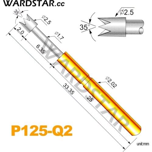 100pcs/lot P125-Q2 Dia 2.5mm Spring Test Probes Pogo Pin Length 33.35mm (Stroke Spring Froce:180g)