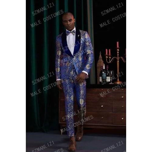 2020 Royal Blue Jacquard Velvet Lapel Slim Fit Formal Men Suits With Pants Groomsmen Custom Made Groom Wedding Tuxedos Suits