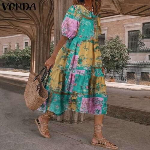 2021 VONDA Women Summer Dress Bohemian Short Sleeve Printed Long Dress Beach Vestidos Holiday Floral Dress Robe Femme