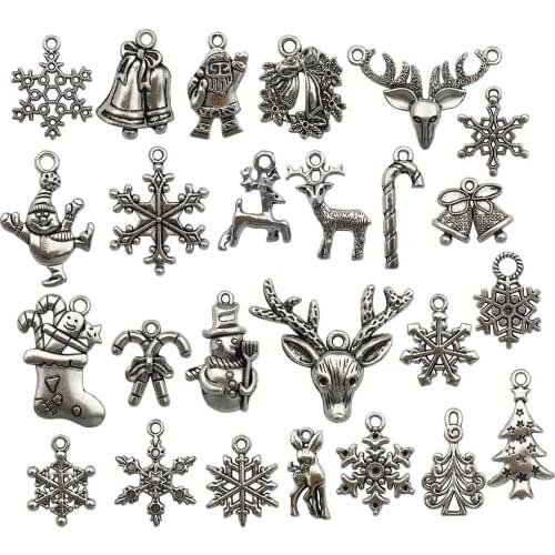 Mix 50pcs Antique Silver Zinc Alloy Christmas Snowflake Elk Pendants For Earrings Jewelry Making Accessories DIY Bracelets