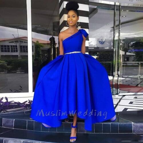 High Low Royal Blue Prom Dresses A Line One Shoulder Satin African Evening Dress Formal Party Gowns For Black Girl Cheap Pageant