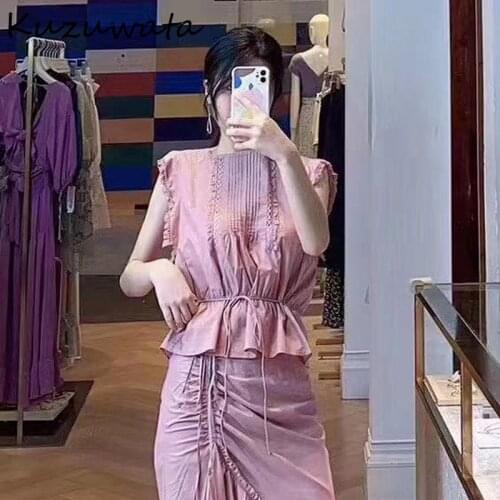 Kuzuwata Square Collar Flying Sleeve Lace Patchwork Slim Waist Solid Blusas Japan Style Sweet Blouses 2021 Summer Women Shirts