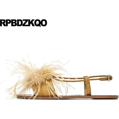 Slingback large size shoes sandals leisure fashion bohemia style yellow embellished women strap beach feather 2019 holiday flat