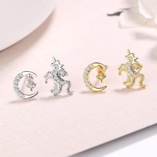 Cxwind Korean Fashion Zircon Star Moon Stud Earrings for Women Girl Crystal Animal Unicorn Horse Earrings Jewelry Gift
