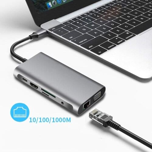 10 in 1 USB C Docking Station Adapter Converter USB 3.0 Gigabit Ethernet4K HDMI-compatible VGA Multiport Type C HUB For Macbook