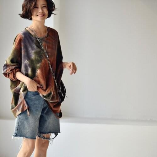 MICOCO T1622C Literary personality broken edge color tie-dyed oversize round neck long sleeve T-shirt