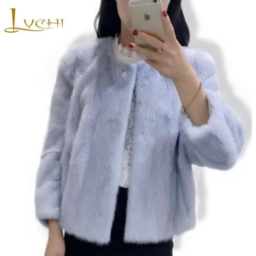 LVCHI 2019 Winter New Style Fashion Tailored Medium Mink Fur Jacket Womens Warm Three Quarter Ladies Zipper Fur Fur Mink Coats