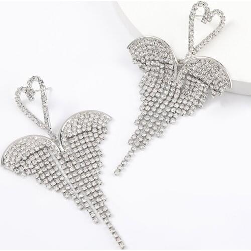 Fashionable and Simple Metal Rhinestone Heart-shaped Wings Earrings Womens Creative Pop Drop Earrings Party Jewelry Accessories