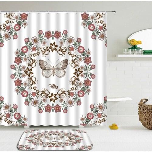 2Pcs/Set Butterfly Flower Bath Curtain Shower Curtain Mat Set Bathroom Waterproof Cloth +Non-slip Mat Rug Toilet Floor Bathroom