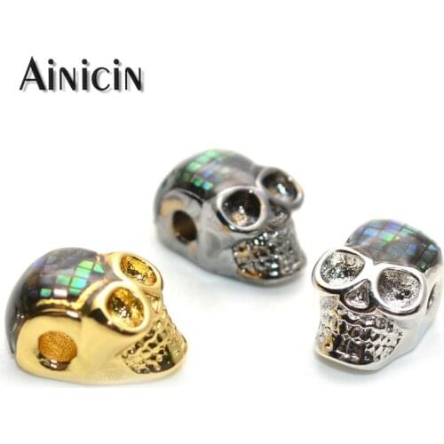 New Design Rainbow Abalone Shell Paved Copper Solid Skull Head Beads 8x14mm Gold Silver Gun Black Metal Beads 10pcs
