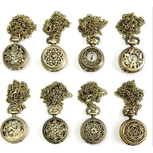 Wholesale 8 style Bronze quartz hour Hollow out pendant Necklace pocket watches 10pcs/lot