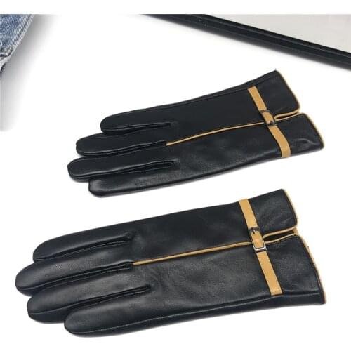 Womens leather gloves winter warm thickened coral fleece lining outdoor cold-proof non-slip sheepskin touch screen gloves