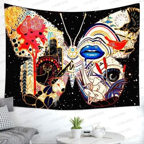 Psychedelic Tapestry Fantasy City Animals Starry Sky Background Wall Hanging