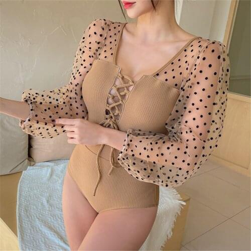 Sexy Long Sleeve One Piece Swimsuit Women Lace Dot Bathing Suit Strappy Tied Monokini Bandage Lace Up Korea Trikini Push Up Pad