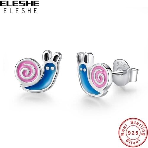 ELESHE Small Cute Snail Stud Earring with Blue Pink Enamel 925 Sterling Silver Earring For Girls Kids Women Party Jewelry Gift