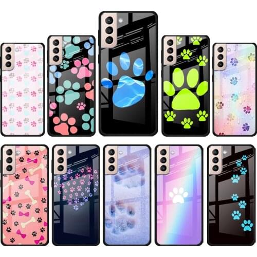 Dog foot Paw for Samsung Galaxy S21 Ultra Plus A72 A52 4G 5G M51 M31 M21 Luxury Tempered Glass Phone Case Cover