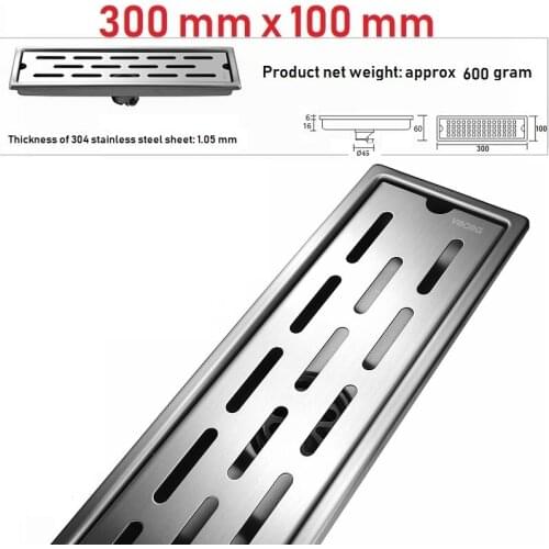 VIBORG 300mm x 100mm Deluxe 304 Stainless Steel Extra-thick Rectangular Bathroom Shower Linear Floor Drain Drainage Stainer