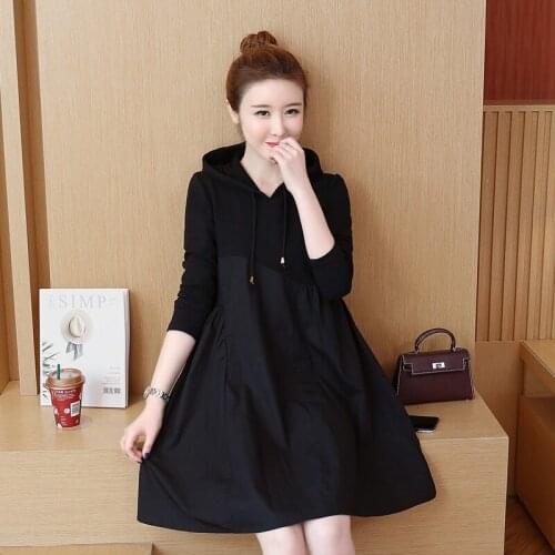 Sping Knee Length A-line Simple Slim High Waist Hat Head Round Neck Long Sleeve Black Elegant Plus Size Woman Cocktail Dresses