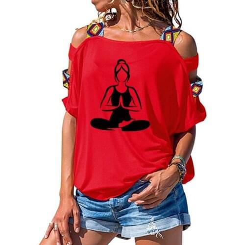 Womens Short sleeve Meditation Cartoon SilhouetteT-shirt Summer Fashion t shirt womens Sexy Hollow Out Shoulder shirt