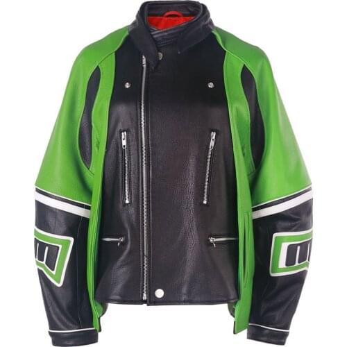 YOLOAgain Women Genuine Leather Jacket Ladies Oversized Motorcycle Leather Coat