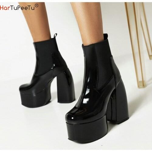 Chunky Ankle Boots Women 2021 Autumn Superior PU Leather Elegant Elastic Band Black Super High Heels Platform Shoes Size 35~46