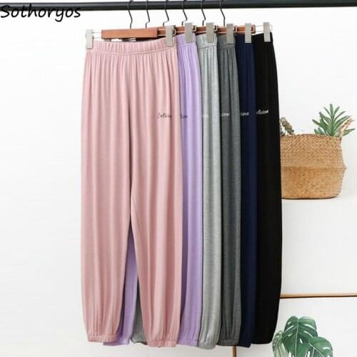Sleep Bottoms Women Modal Pleated Letter Printed Simple Pajama Pants Womens Korean Style Casual Couples New Loose Thin Trendy