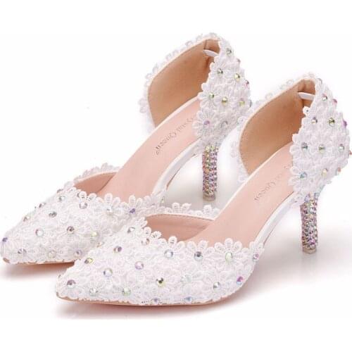 Women sandals wedding Party Lace PU Rhinestones Slip On 7.5CM Thin High heels Pointed Toe sandal women shoes 2020 size 35-42