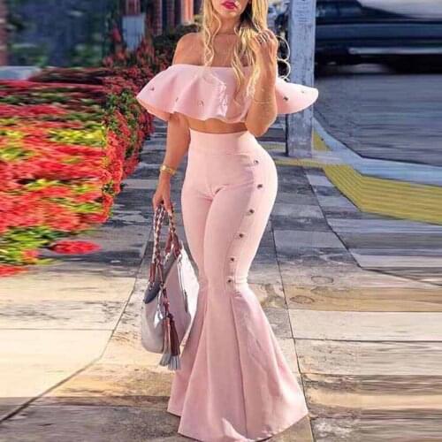 2021 ladies new sexy party solid color suit fitted one-shoulder strapless ruffled flared pants suit elegant fashion suit women