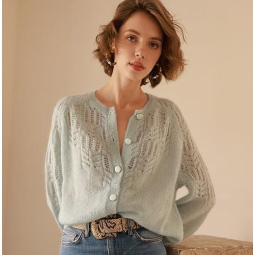 Mohair Wool Knitwear Gilet Women Long Sleeve Round Neck Chic Elegant Cardigan Autumn Winter Casual Vintage Sweater Jumper 2021