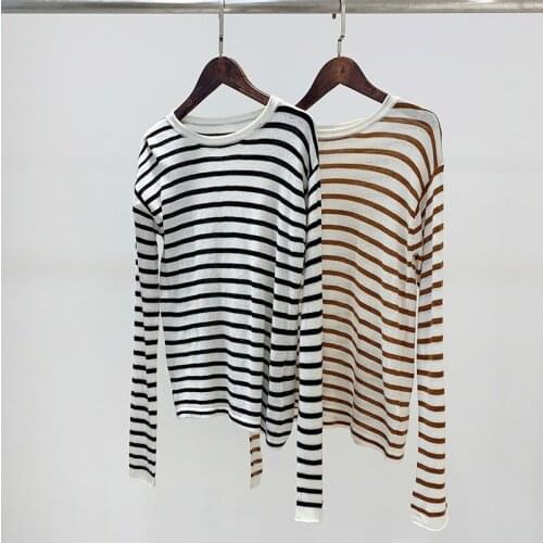 Women Sweater 2021 Two-color Wool Blend Round Neck Long-sleeved Striped Knit Bottoming Shirt