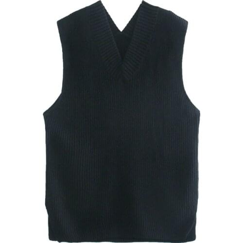 TRAF Women 2021 Fashion V-neck Solid Color Knit Side Slit Vest Sweater Retro Sleeveless Loose Vest Pullover Streetwear