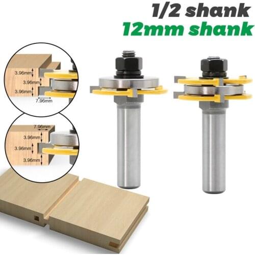 2Pc 3-tooth12mm Shank 1/2 shank Joint Assemble Router Bits Tongue & Groove T-Slot Milling Cutter for Wood Woodwork Cutting Tools