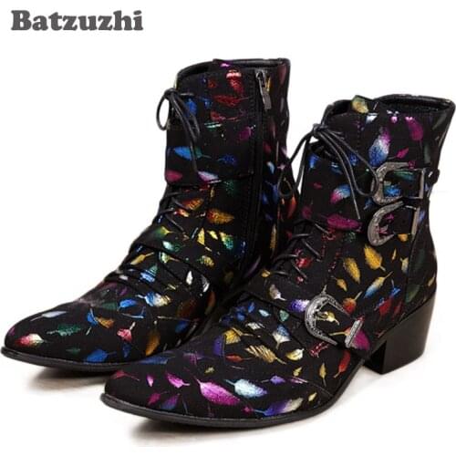Batzuzhi Western Rock Fashion Men Boots Mid-Calf Motocycle Boots Men Stylist Pointed Iron Toe Black Suede Leather Boots Men, 46