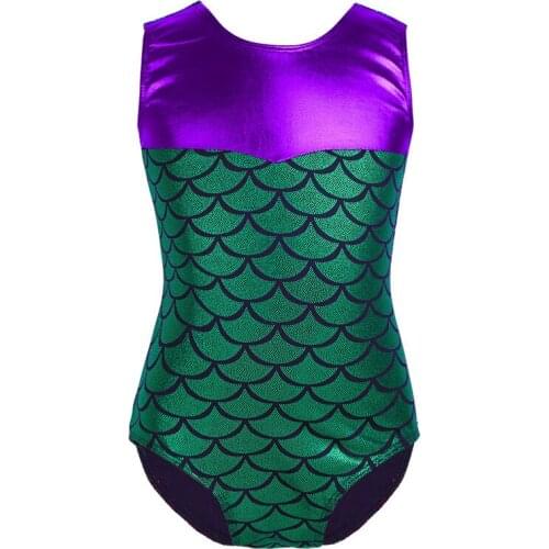 Kids Sleeveless Shiny Mermaid Scale Printed Dancewear Girls Ballet Dress Gymnastics Leotard Sports Bodysuit Stage Dance Costume