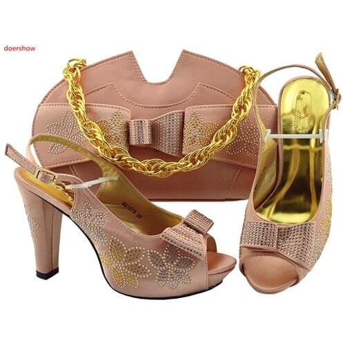 Doershow nice peach Shoes and Bags To Match Set Sale Shoes and Bags low Heel Sandals Women Italian African Party Pumps!HLN1-11