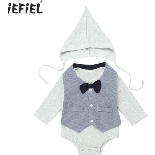 Newborn Jumpsuit 3Pcs Baby Romper Cotton Autumn Infant Baby Boys Clothes Solid Color Long Sleeves Baby Clothing and Bowtie Bib