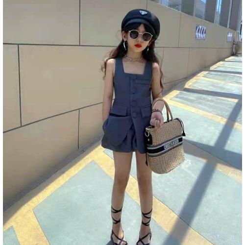 Baby Girl Western Style Suit Suit 2021 Summer New Medium and Big Childrens Sleeveless Suit Vest Lantern Shorts 2-piece Set