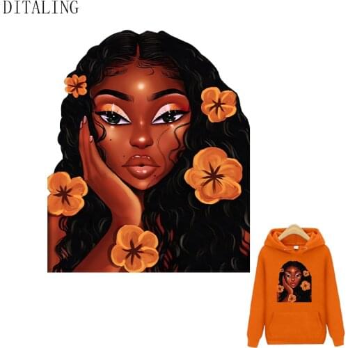 Beautiful African Girl Patch Flower Girl Sticker Iron-On Transfers For Clothing A-Level Custom Thermo Sticker On Jacket Clothing