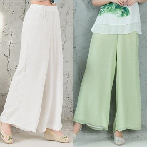 Summer women cotton linen thin breathable wide leg pants female elastic waist solid color loose white green retro long trousers