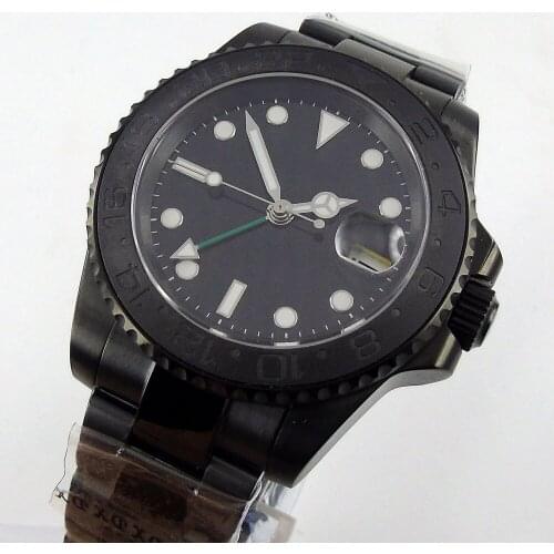 40MM Black Sterile Dial Sapphire Glass GMT Date Glass Case Back PVD Coated Brushed Ceramic Bezel Automatic Mens Wristwatch