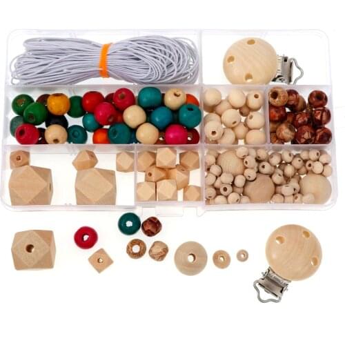 1Box Teether Beads Set Making Necklace Pacifier Clip Kits Box Original Wood Beads Kids Teething Toy DIY Jewelry Set