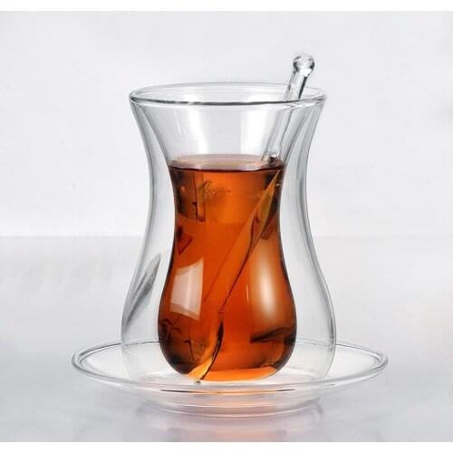 Coffee cup set with saucer and glass spoon heat preservation double glass transparent black tea cup household tea cup