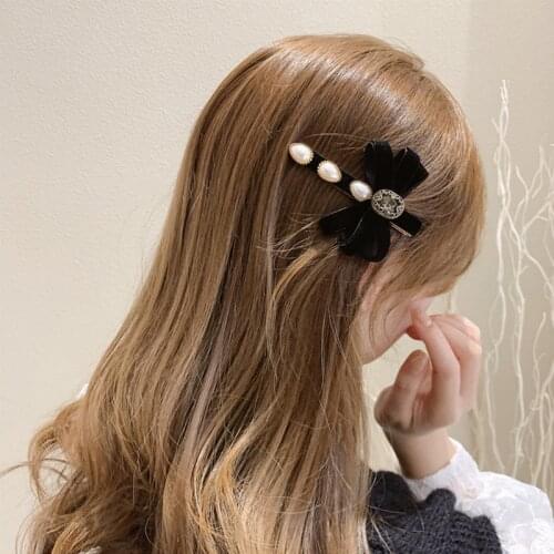 2021 New Vintage Pearls Hairpin Black Ribbon Bowknot Barrettes Sweet Hair Clip Girl Women Side Clip Korean Fashion Hairpin