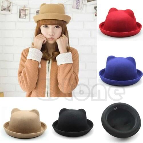 New Unisex Wool Parent-Child Fedora Bowler Hats Derby Cat Ear Cap for Girl Women