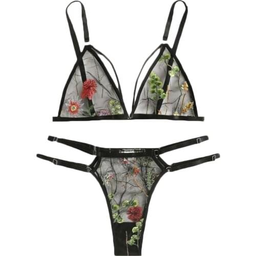 Sexy Women Lace Bras Panties G-string Garter Set Sexy Lingerie Sets Flower Embroidery Lace Bra Thong Lingerie Set G-String S-3XL
