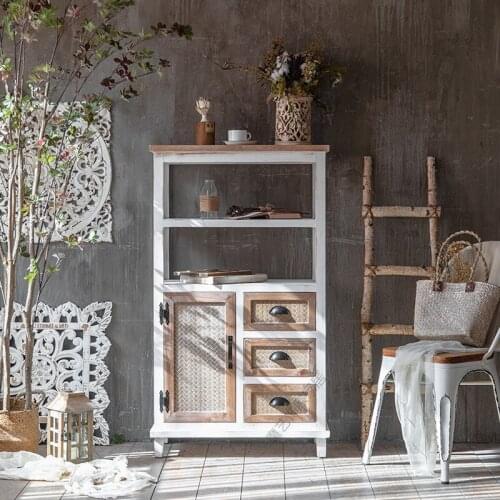 American Country Retro Distressed Imitation Bamboo Woven Meal Side Tea Cabinet Storage Shelf Homestay Decoration Storage Storage